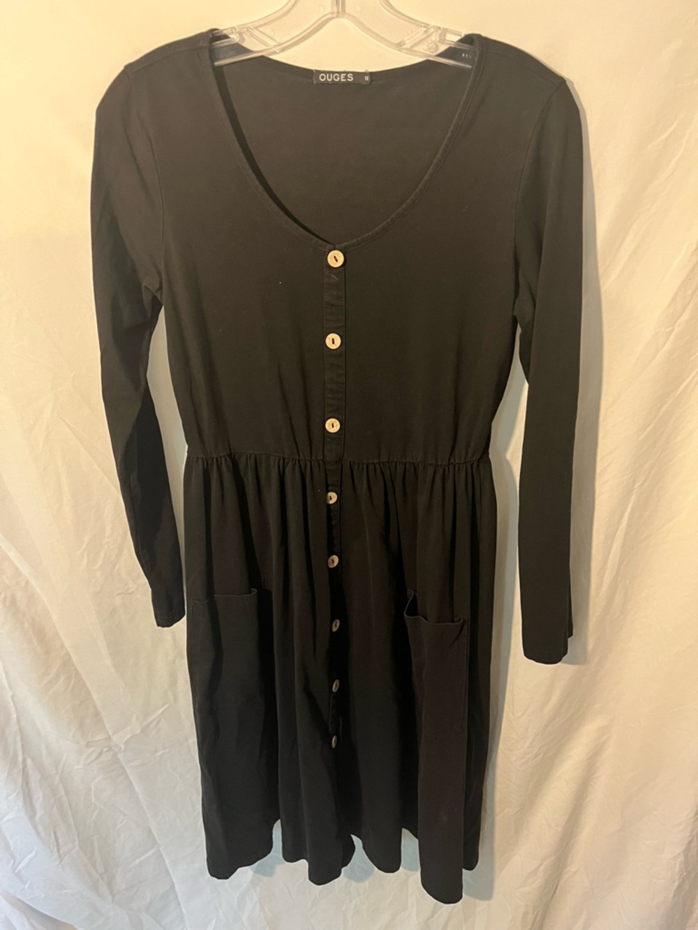 Women’s Ouges Black Long-Sleeve Button-Front Dress with Pockets